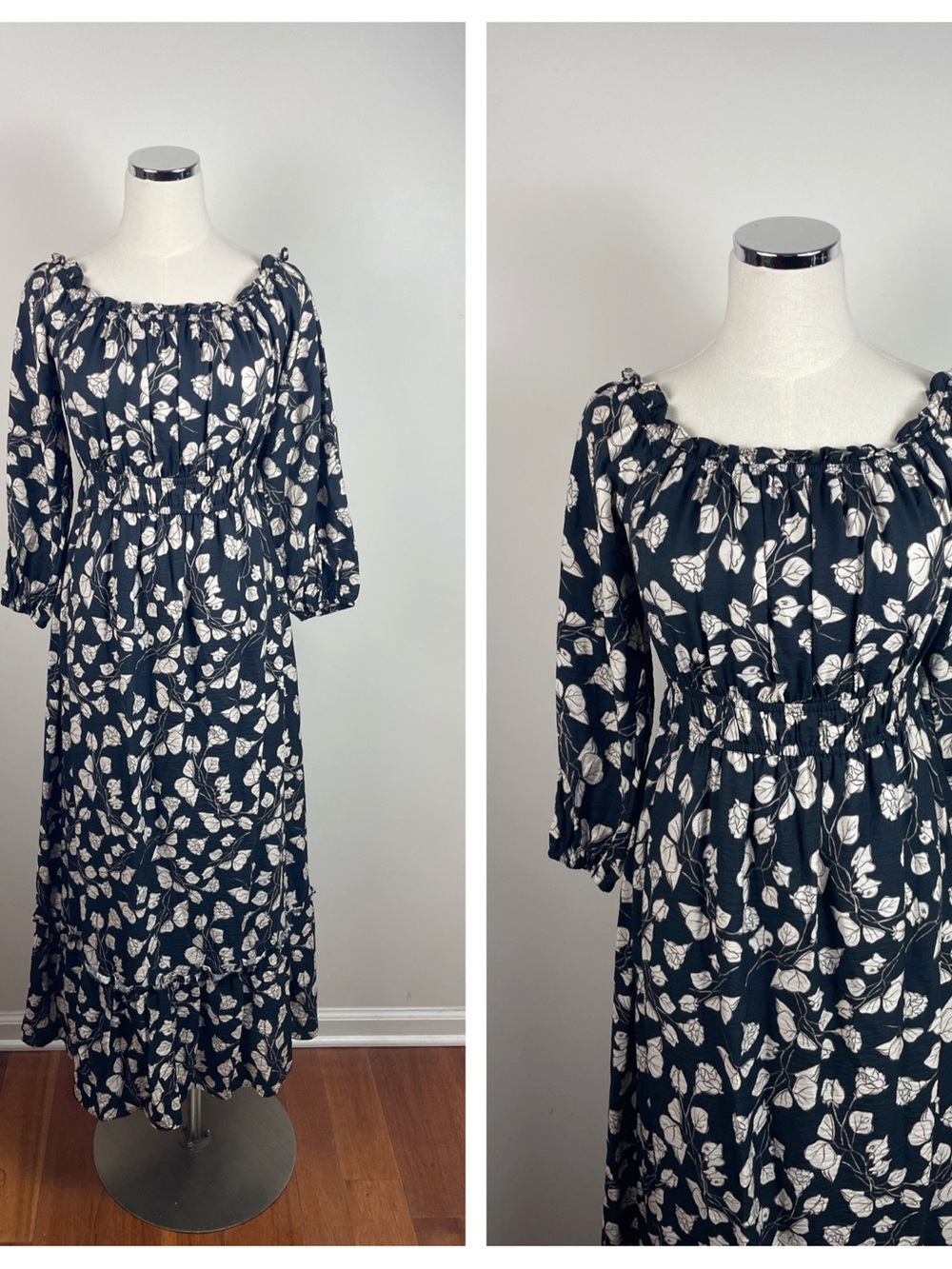 Anniewear Black White Floral Ruffle Maxi Dress Women Large